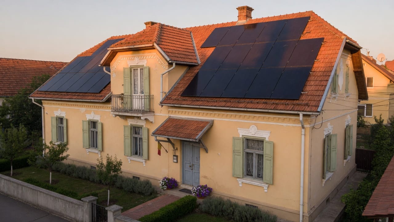 Tehnician survey pe acoperiș cu panouri fotovoltaice